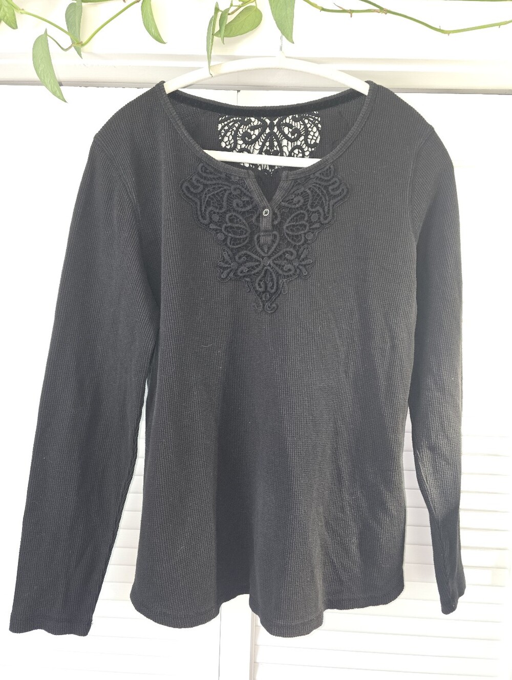 Women's Black Long-Sleeve Waffle Knit Top with Lace Detail